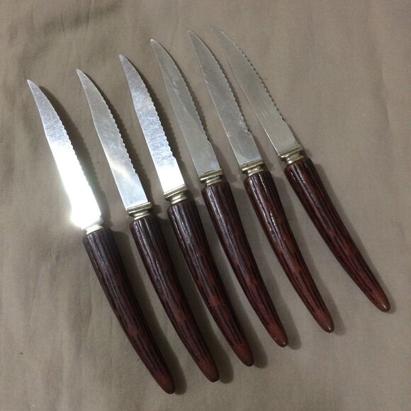 Regent Sheffield England Steak Knives Set Of 6 Stainless Wood-Look Handles 8.5" - Picture 2 of 5